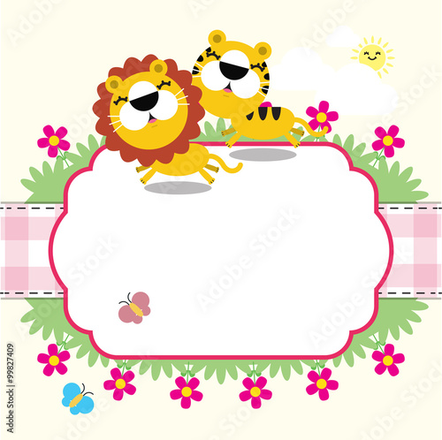 Illustration of a lion, tiger and the butterflies. Vector illustration of cute animals with place for text