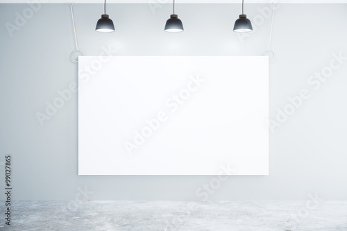 Blank white poster on the wall with lamps, mock up photo