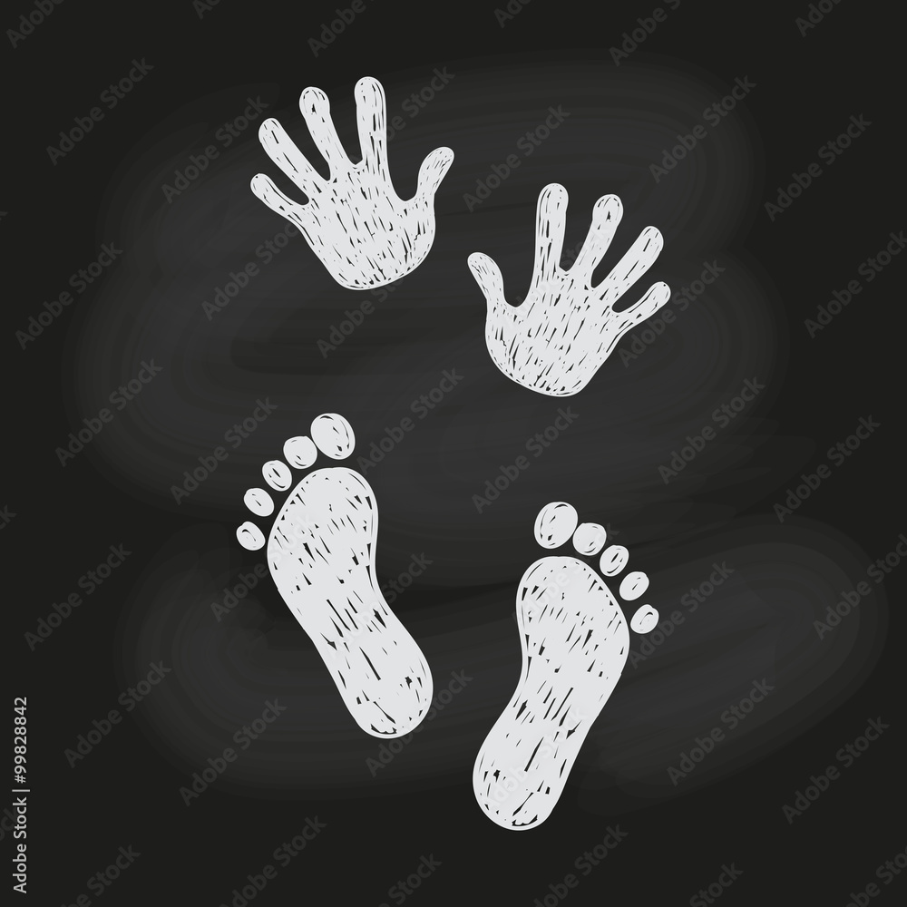 Naklejka premium Foot and hands prints isolated on dark background. EPS 10.