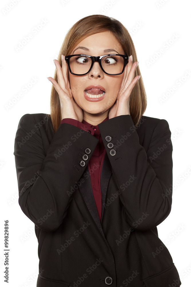 funny business woman with crossed eyes and glasses funny business woman with crossed eyes and glasses