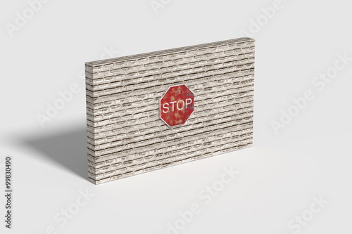 Stop traffic sign on brick three-dimensional wall