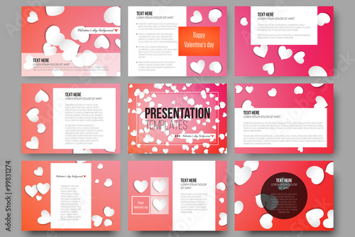 Set of 9 templates for presentation slides. White paper hearts, red vector background, Valentines day decoration