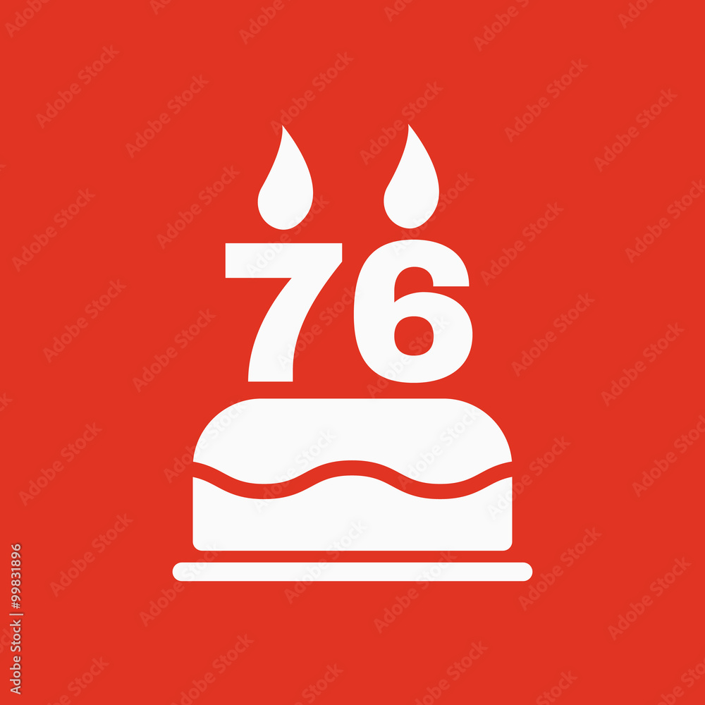 The birthday cake with candles in the form of number 76 icon. Birthday symbol. Flat The birthday cake with candles in the form of number 76 icon. Birthday symbol. Flat