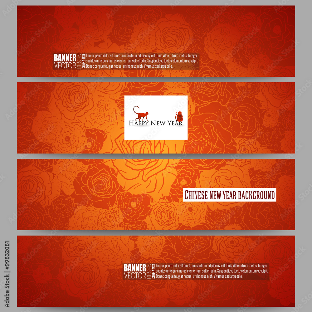 Set of modern banners. Chinese new year background. Floral design with red monkeys, vector illustration