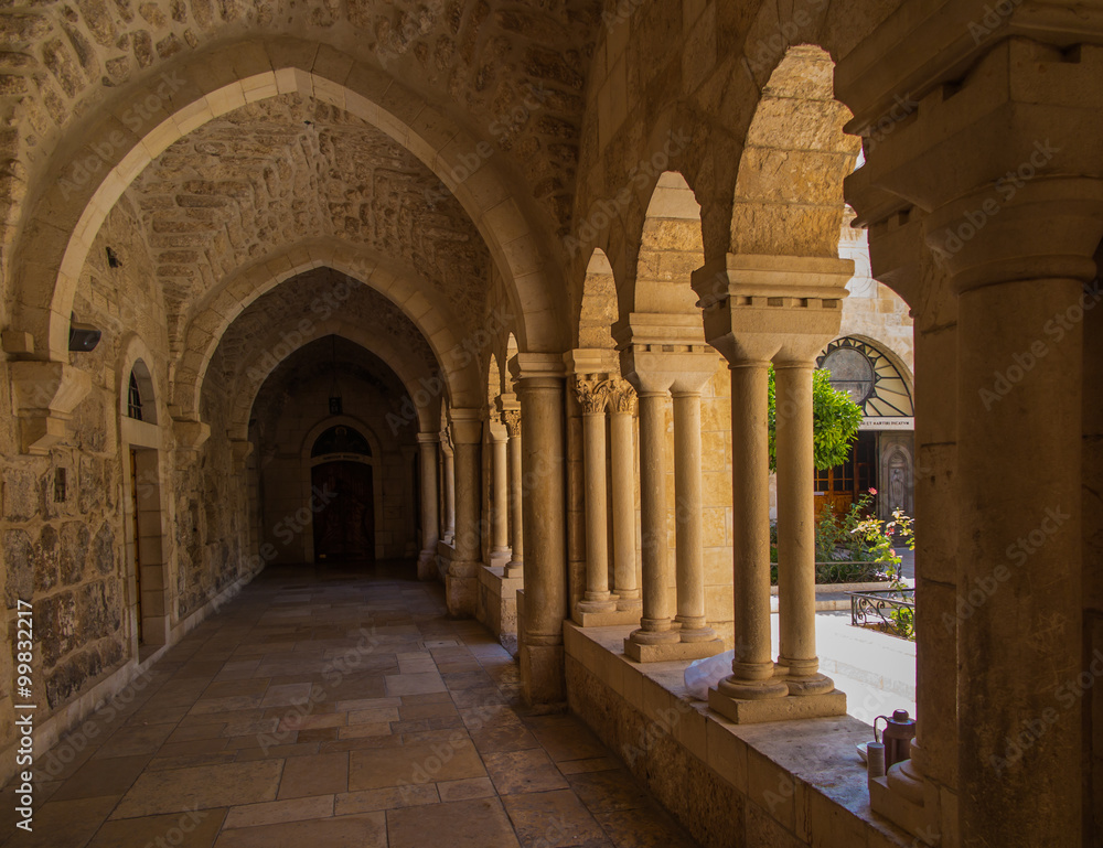 BETHLEHEM, ISRAEL - JULY 12, 2015: The gothic corridor of atrium