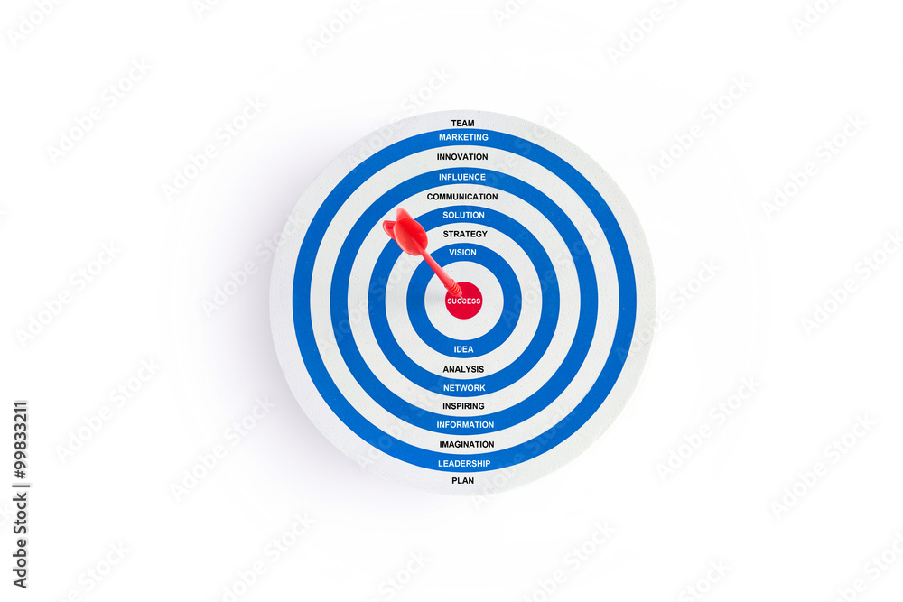 Red target with red arrow and words on goal, white background Red target with red arrow and words on goal, white background