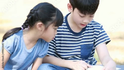 Little asian brother and sister reading book in the garden