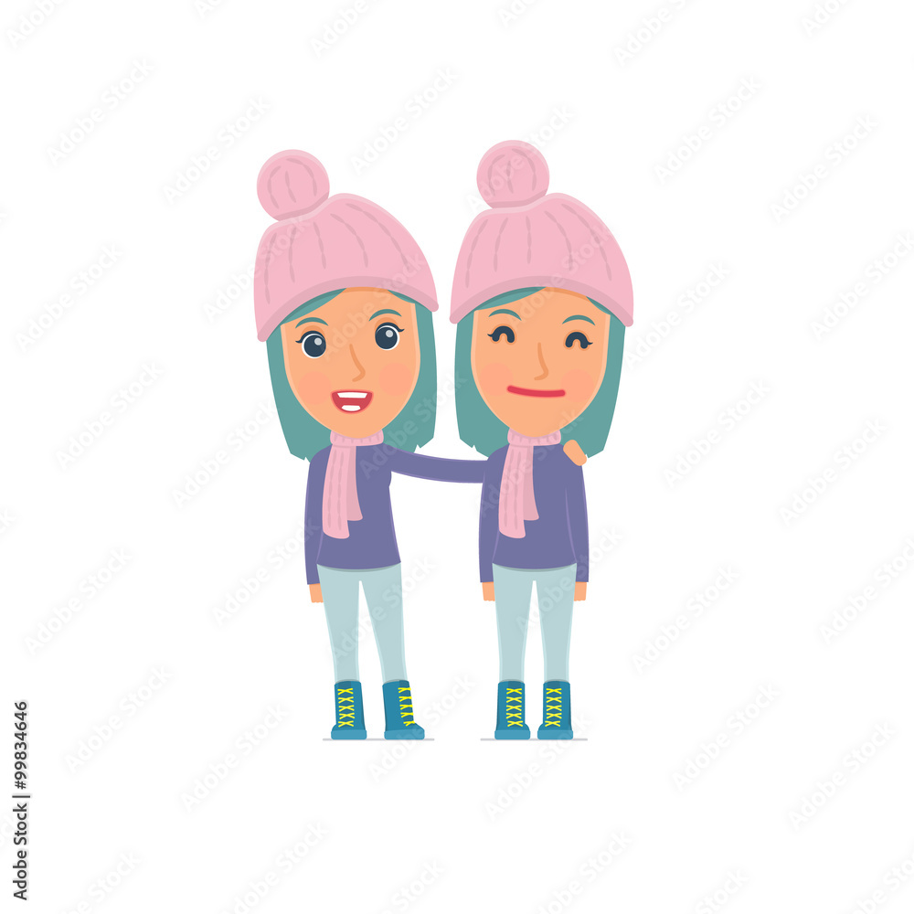 Joyful Character Winter Girl and his best friend standing togeth Joyful Character Winter Girl and his best friend standing togeth