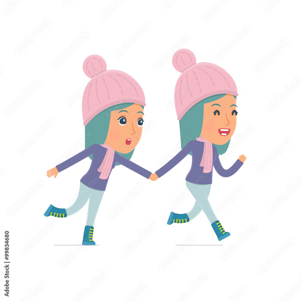 Happy and Joyful Character Winter Girl runs and drags his friend Happy and Joyful Character Winter Girl runs and drags his friend