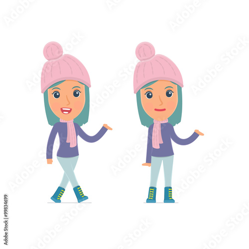 Funny and Cheerful Character Winter Girl making presentation usi