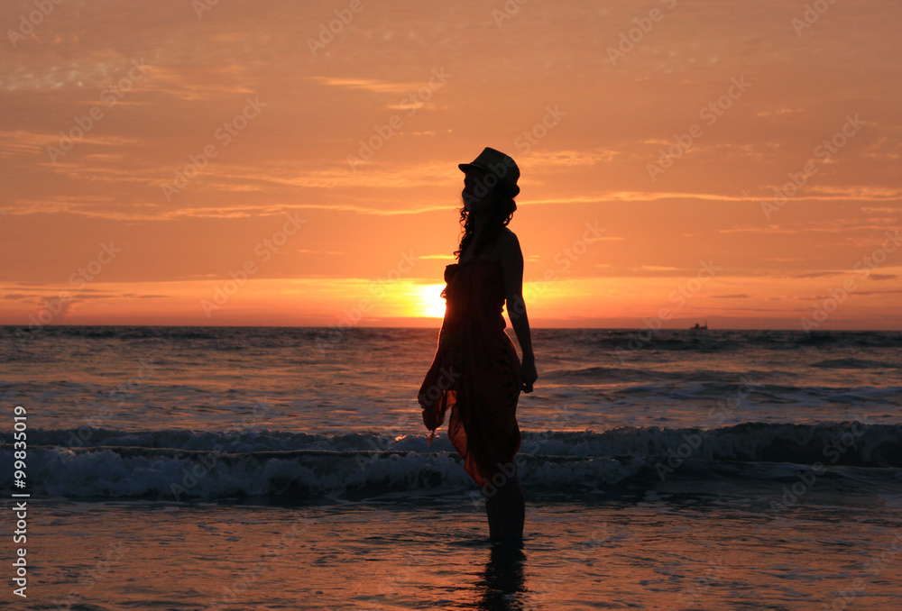 silhouette of a woman on a beach on background of beautiful picturesque colorful sunset with a view of the open Indian ocean with silhouette of ship on horizon