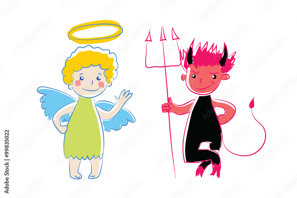 Cartoon little angel and devil. Vector illustration. Simple colored sketch.  Two little spirit advisor as cute baby. Funny angel and demon character. As  sign, symbol,  on white. Eps 10. Stock Vector |