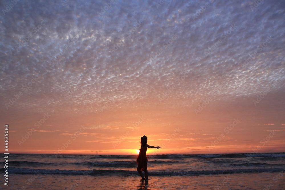silhouette of a woman on a beach on background of beautiful picturesque colorful sunset with a view of the open Indian ocean