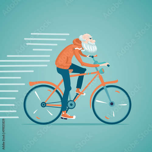 Grandfather is riding bicycle. Isolated cartoon illustration