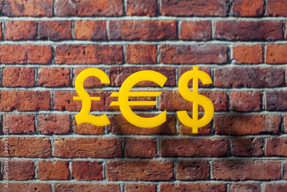 International money icon and currency units front of the British style wall International money icon and currency units front of the British style wall