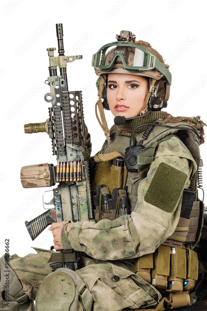 Beautiful army ranger girl with rifle isolated on white backgrou Beautiful army ranger girl with rifle isolated on white backgrou