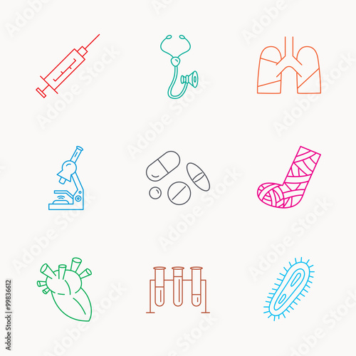 Broken foot, lungs and syringe icons.