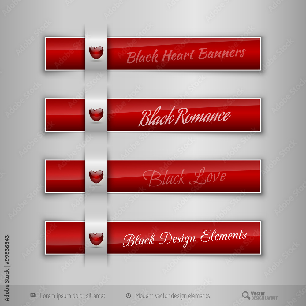 Black  tabs with  glossy heart. Modern vector design elements.