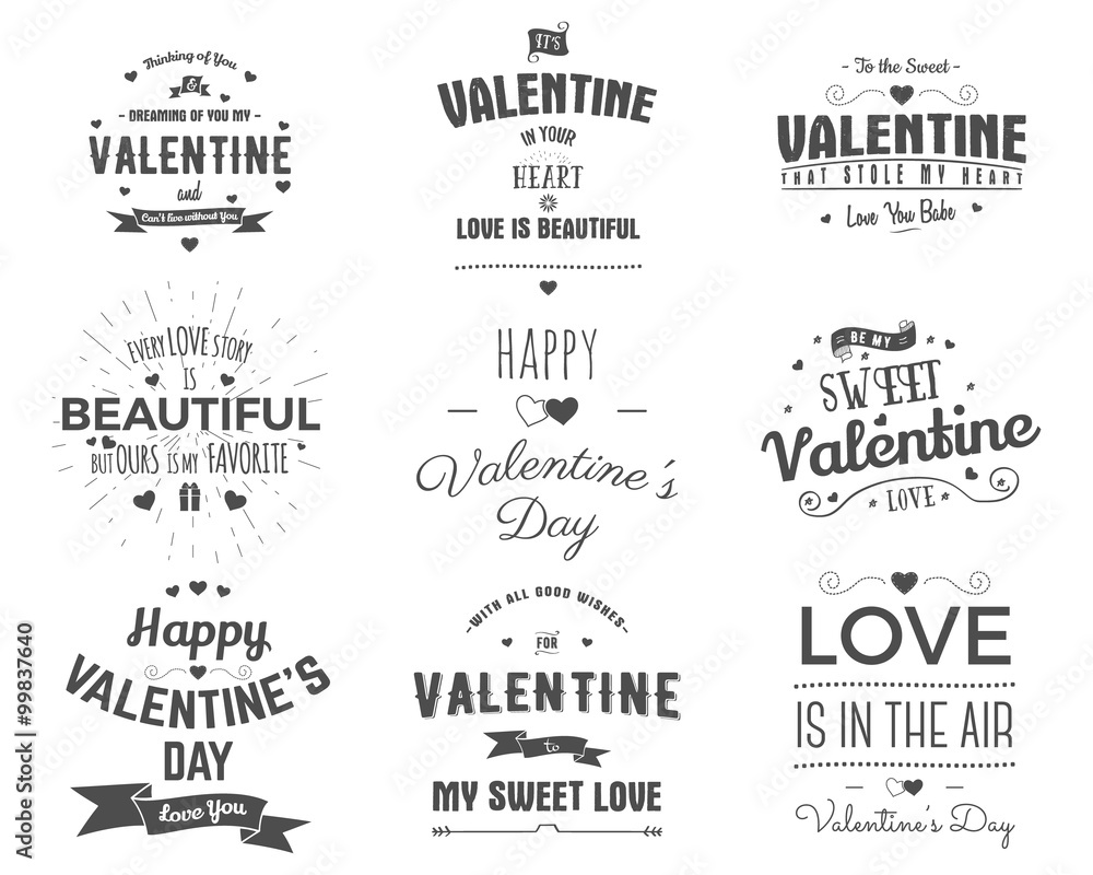 Fototapeta premium Vector photo overlays, hand drawn lettering collection, inspirational quote. Valentine day labels set. Love is in the air, you are my heart and more on white background. Best for gift card, brochure