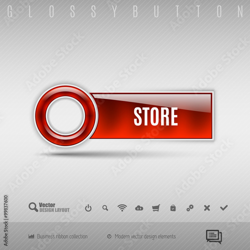 Red plastic button on the gray background. Vector design element