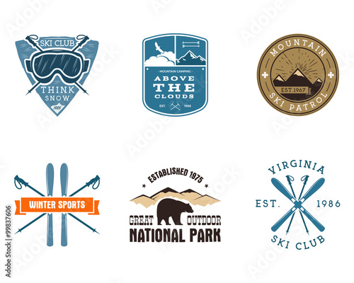 Set of Ski Club, National Park Labels. Vintage Mountain winter camping explorer badges. Outdoor adventure logo design. Travel and hipster color insignia. Snowboard icon symbol. Wilderness. Vector