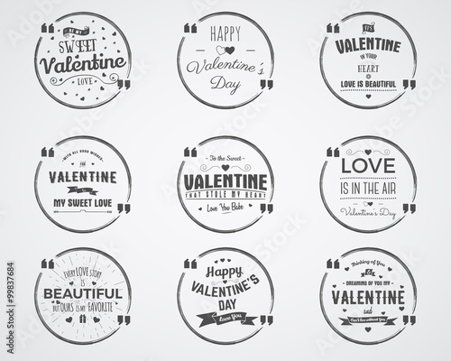 Vector photo overlays, hand drawn lettering collection, inspirational quote. Valentine day badges set. Love is in the air, bubble quote and more on white background. Best for gift card, brochure