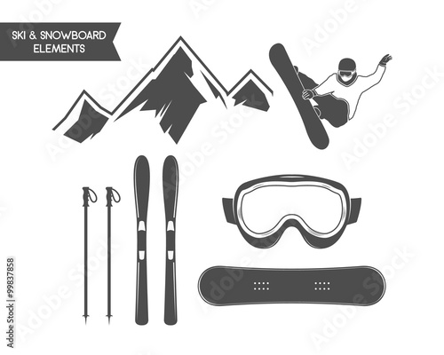 Winter sports elements. Snowboard, ski symbols. Outdoor adventure icon. Travel hand drawn and hipster monochrome insignia for logo, infographics, labels, badges. Camping emblem. Wilderness Vector