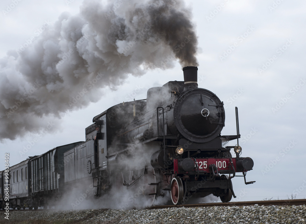 vintage black steam train - obrazy, fototapety, plakaty 