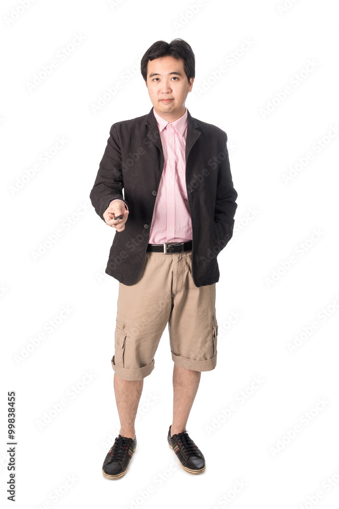Asian handsome man with the keys of his new car, isolated on whi Asian handsome man with the keys of his new car, isolated on whi