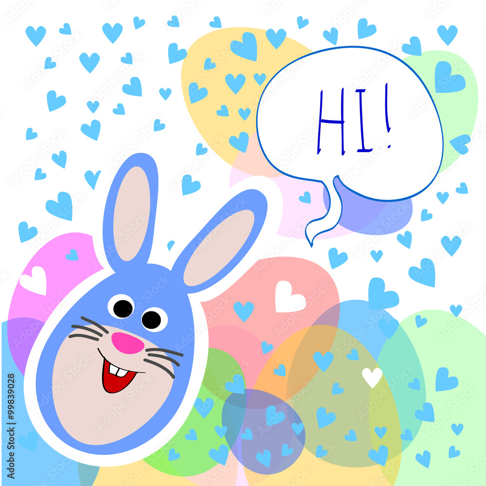 Easter Rabbit vector - funny bunny say Hi. Easter eggs and hearts background. Cute Easter bunny vector greeting card. Good as banner,sticker,birthday card, invitation. Easter Rabbit vector - funny bunny say Hi. Easter eggs and hearts background. Cute Easter bunny vector greeting card. Good as banner,sticker,birthday card, invitation.