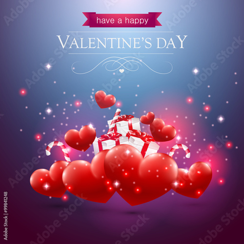 Valentines day card with hearts presents and sparkles on blue background.