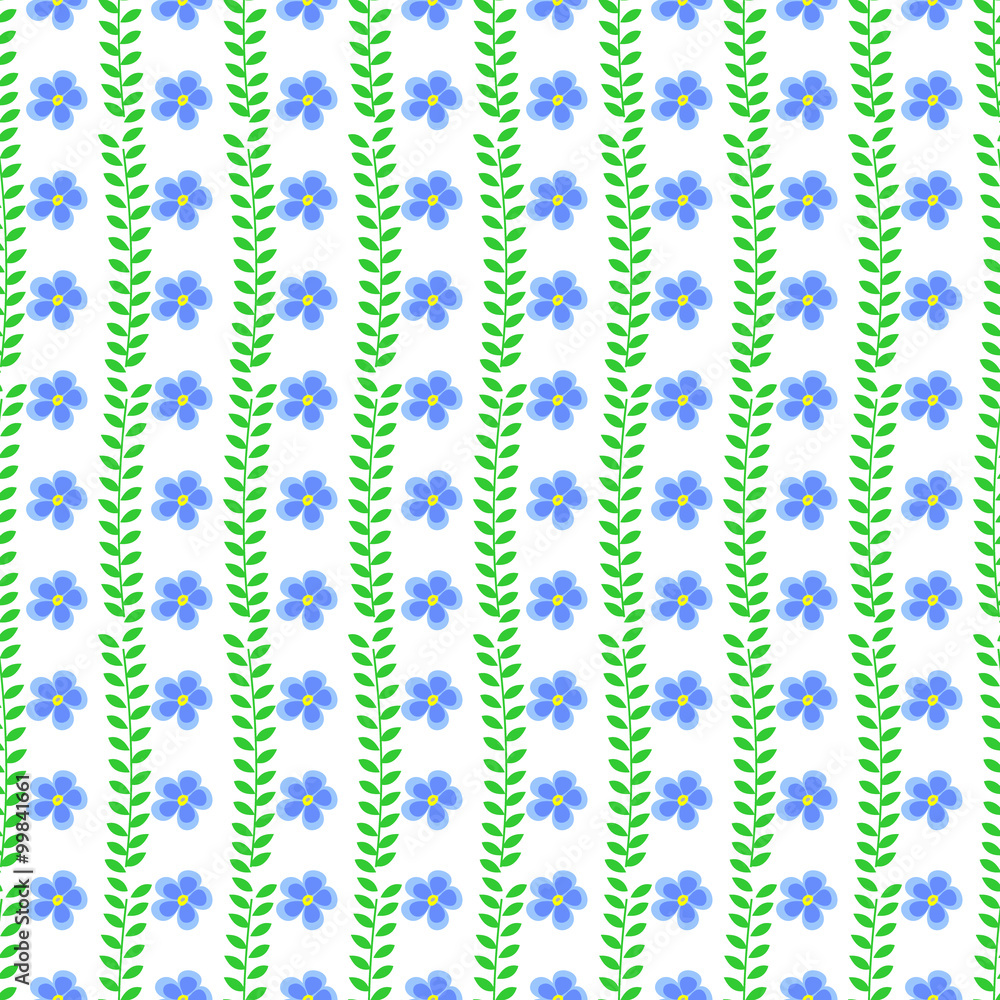 Seamless floral vector pattern. Symmetrical background with blue flowers and leaves on the white backdrop