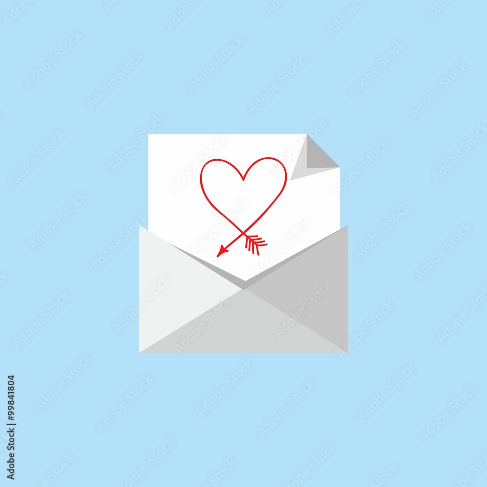 sheet of paper with a heart in the envelope. Vector simple envelope with red heart inside, concept in greeting valentine day
