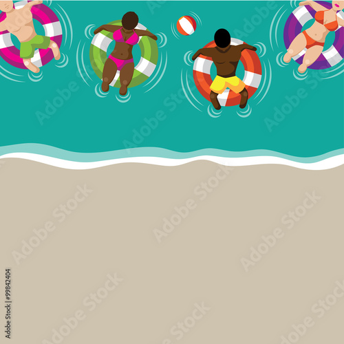 Floating couples on inner tubes flat design background. EPS 10 vector stock illustration for greeting card, ad, promotion, poster, flier, blog, article, ad, marketing, retail shop, brochure, signage
