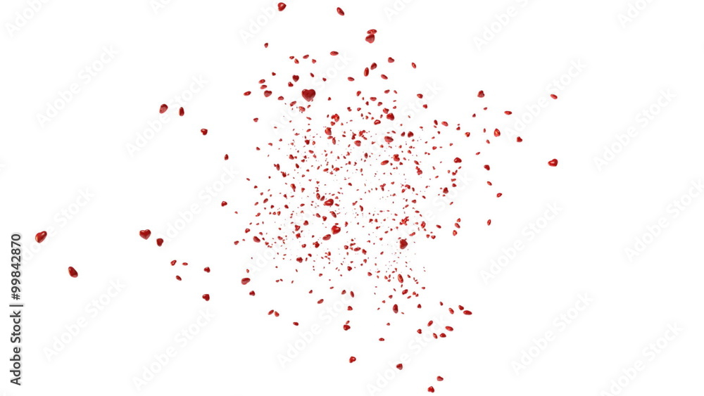 Love Shower. Slowly spinning 3D hearts pouring towards the camera in slow motion.