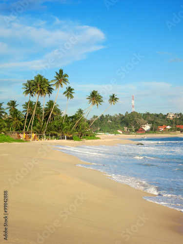Empty tropical beach with white sand, palm trees and turquoise ocean under blue sky © art_of_sun