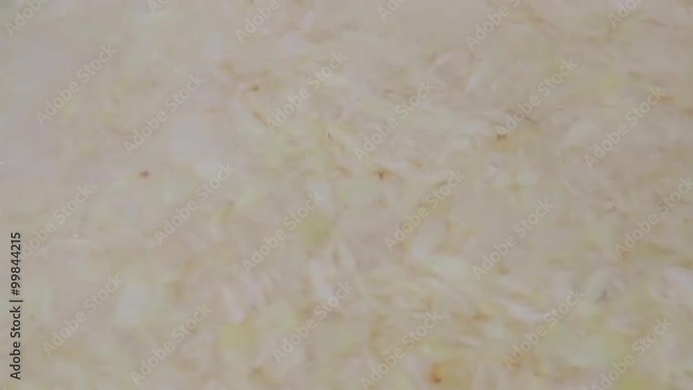 Barbecue on the nature. Onions fried in a large pan and fall asleep to the pieces of meat Barbecue on the nature. Onions fried in a large pan and fall asleep to the pieces of meat