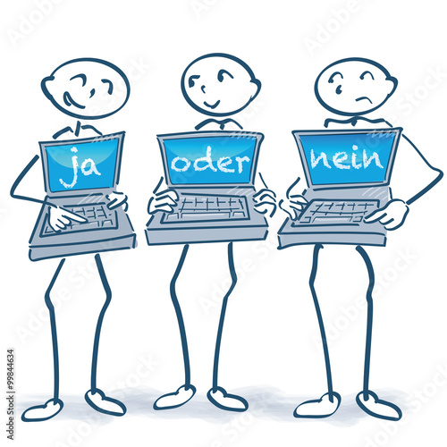 Strichmännchen mit drei Laptops und der Frage ja oder nein