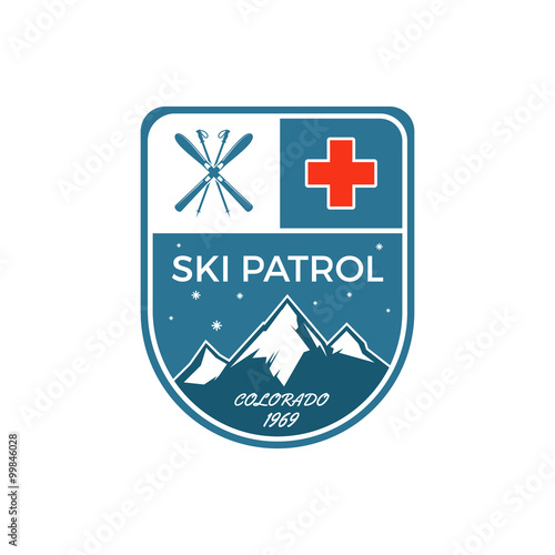 Ski Patrol Label. Vintage Mountain winter sports explorer badge. Outdoor adventure logo design. Travel hand drawn and hipster color emblem. First aid icon symbol. Nice pallette. Wilderness Vector
