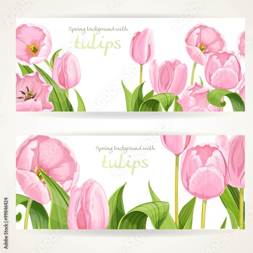 Fototapeta Naklejka Na Ścianę i Meble -  Two horizontal banners with pink flowers tulips on a white backg
