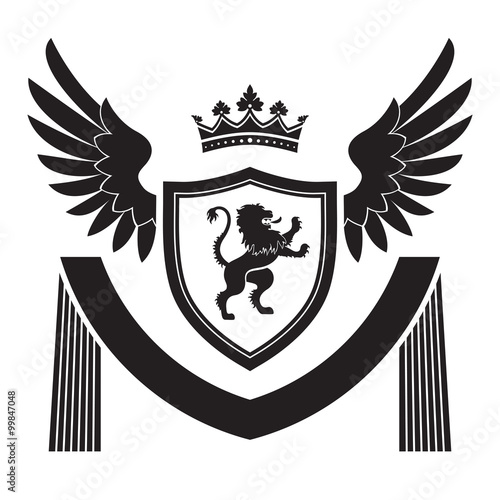 Coat of arms - shield with crown, lion, two wings at the sides.