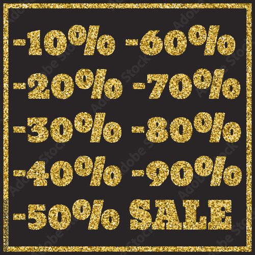 Gold glitter sale on a black background. Gold sale background for flyer, poster, shopping, for sale sign, discount, marketing, selling, banner, web, header.