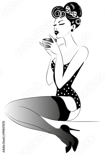 Pop Art illustration woman with morning cup of tea. Pin-up girl speech bubble.  Fashion, sexy wife