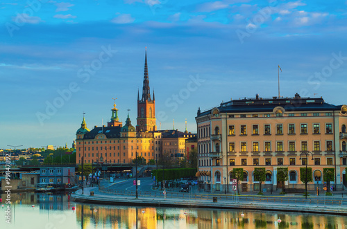 View of the famous scandinavian and north european city Stockholm - the capital of Sweden at sunrise with water reflection