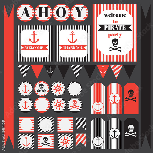 Printable set of vintage pirate party elements.