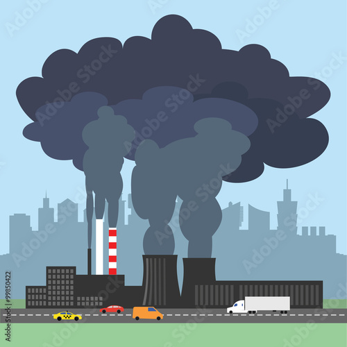 Conceptual vector illustration showing the polluted smoke from factory