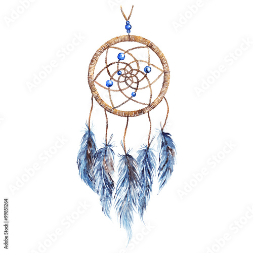 Watercolor ethnic tribal hand made feather dreamcatcher