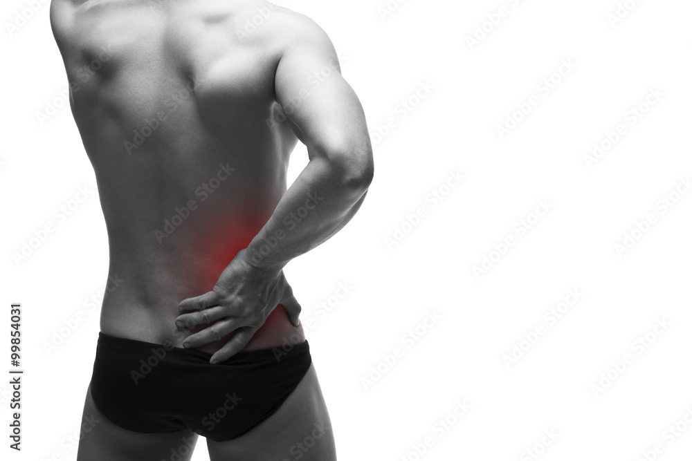 Fototapeta premium Kidney pain. Man with backache. Pain in the human body. Muscular male body. Isolated on white background