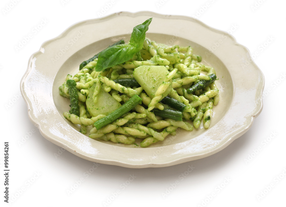 trofie pasta with pesto, green beans and potatoes, italian cuisine trofie pasta with pesto, green beans and potatoes, italian cuisine
