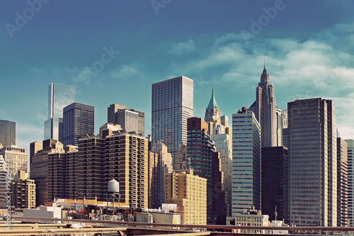 Aerial view of Manhattan skyline at sunset, New York City